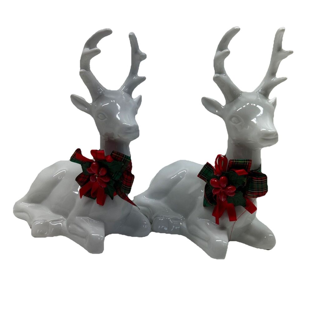 Pair (2) White Ceramic Glazed Christmas Deer Figurines - House of‎ Lloyd